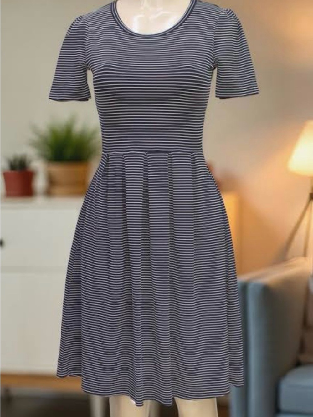 Striped Short-Sleeve Fit & Flare Dress in Black and White